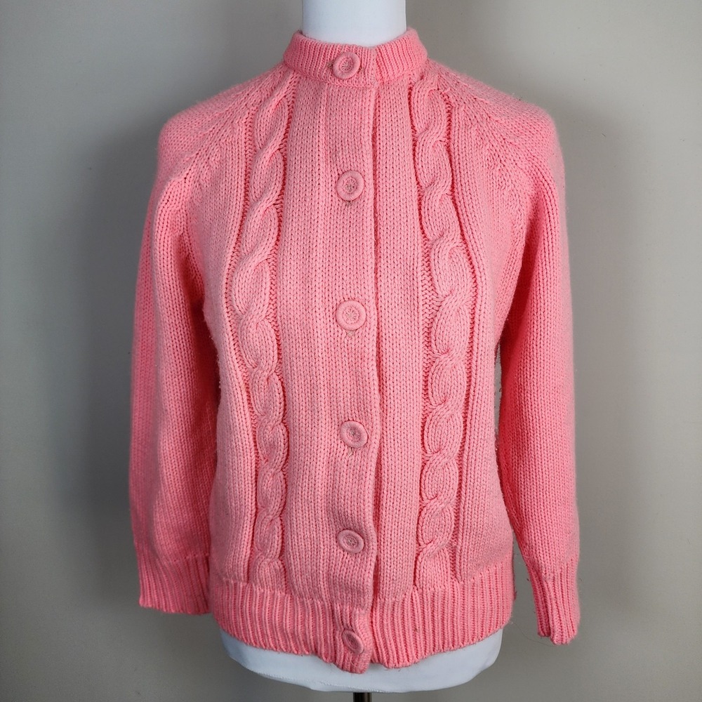 Vtg 60s Pink Cable Knit Cardigan Sweater Young Cosmopolitans Collage Originals M